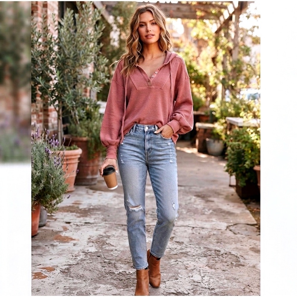 New In Waffle Knit‎ Henley Hoodie Dusty Rose Balloon Sleeve Pullover NT10889 M